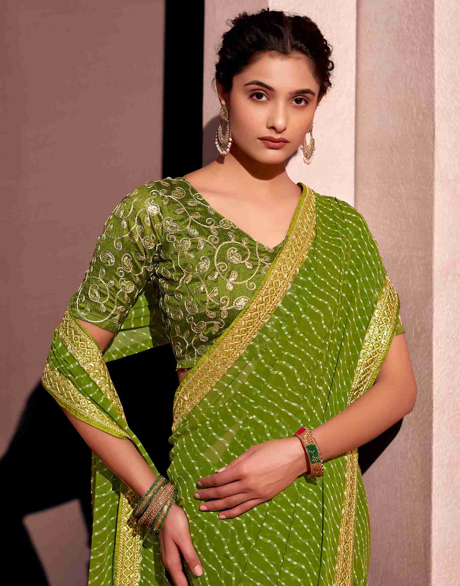 Olive Green Leheriya Printed Georgette Saree