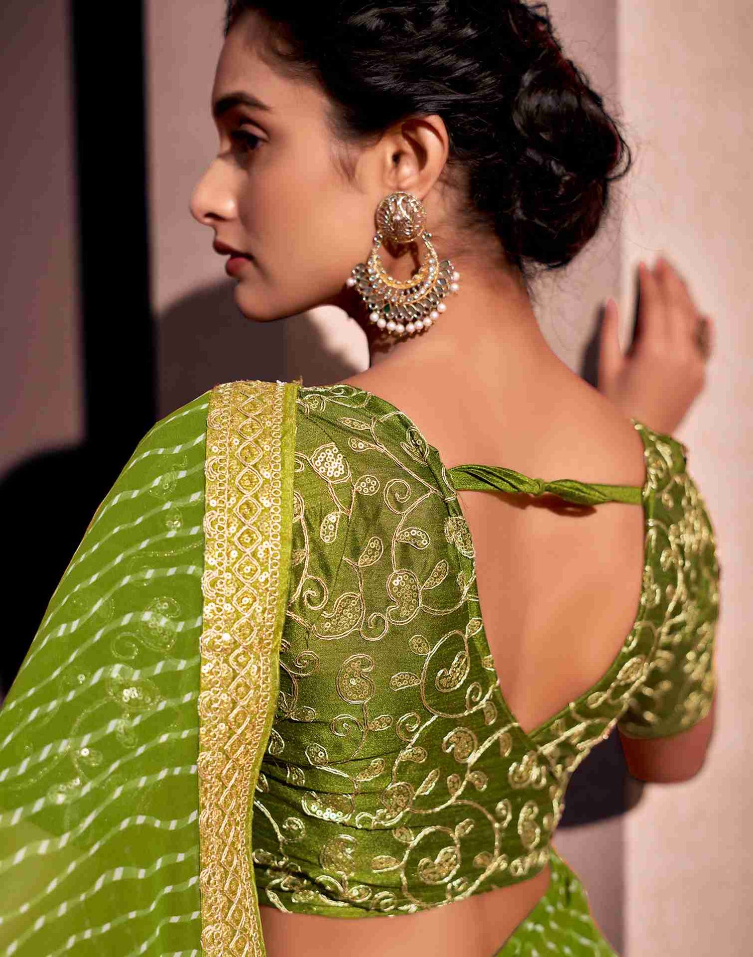 Olive Green Leheriya Printed Georgette Saree