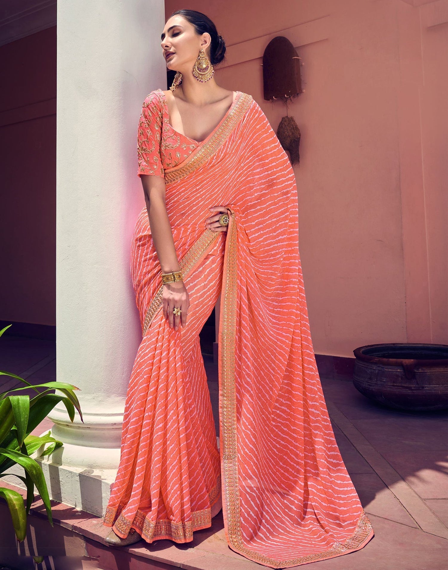 Light Orange Leheriya Printed Georgette Saree | Sudathi