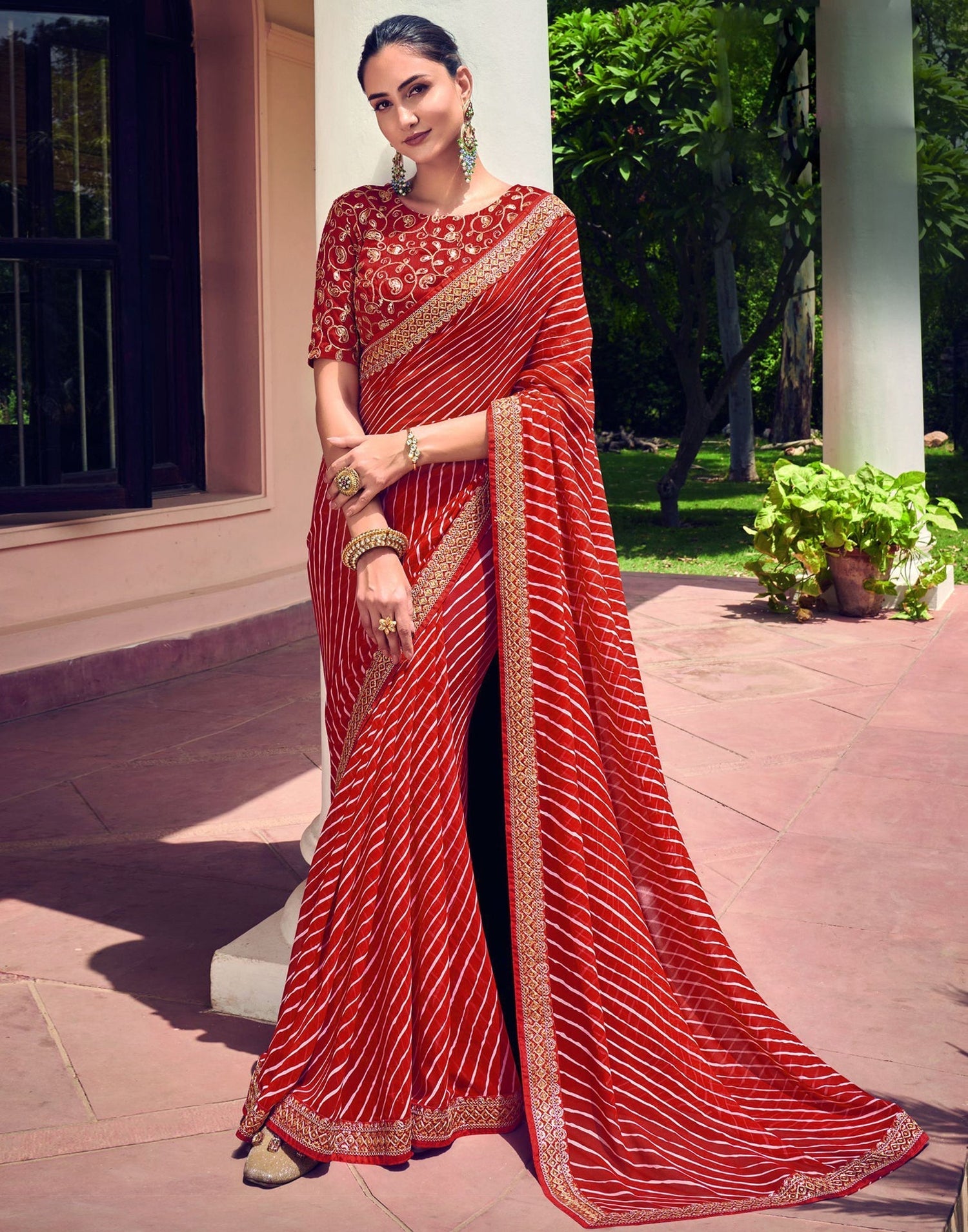 Red &amp; White Leheriya Printed Georgette Saree | Sudathi