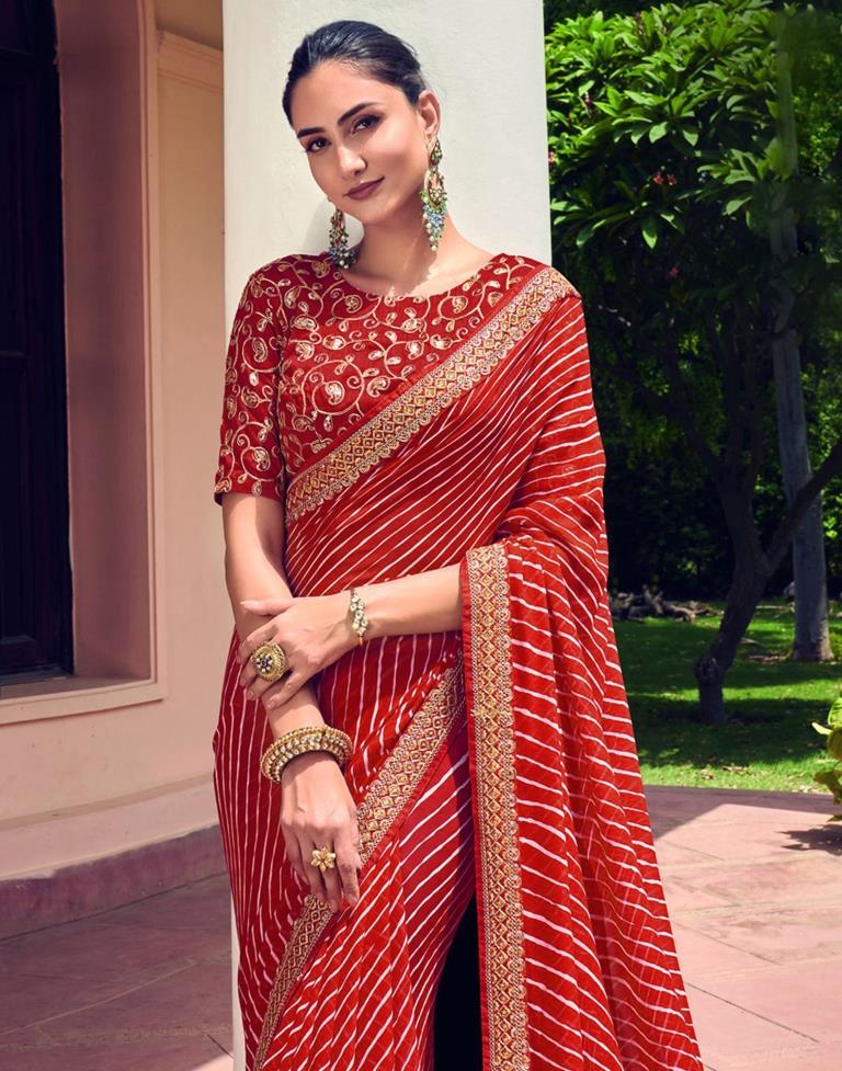 Red &amp; White Leheriya Printed Georgette Saree | Sudathi