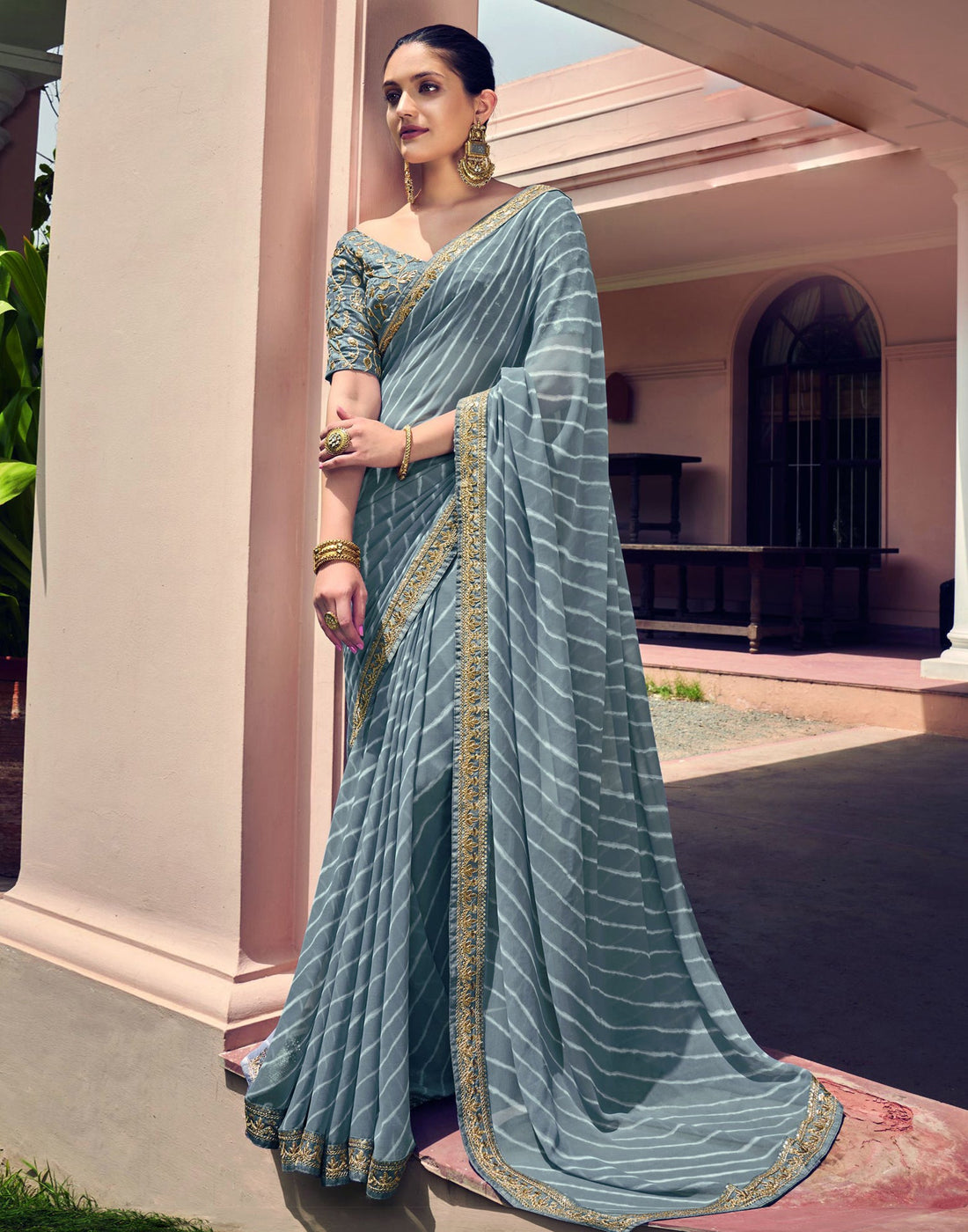 Grey Leheriya Printed Georgette Saree | Sudathi