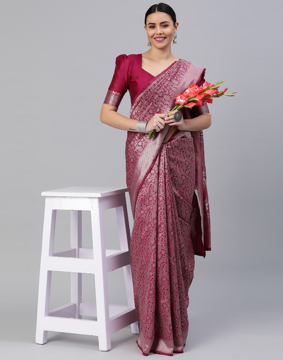 Banglori Silk Georgette Beige and Cherry Red Embroidered Partywear Saree at  Rs 1271.25 in Ahmedabad