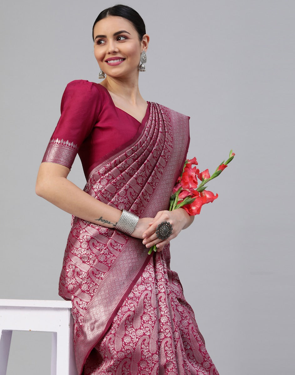 Buy Cherry Red Banarasi Saree online-Karagiri