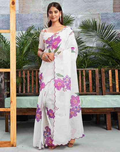 Ready To Wear White Cotton Printed Saree