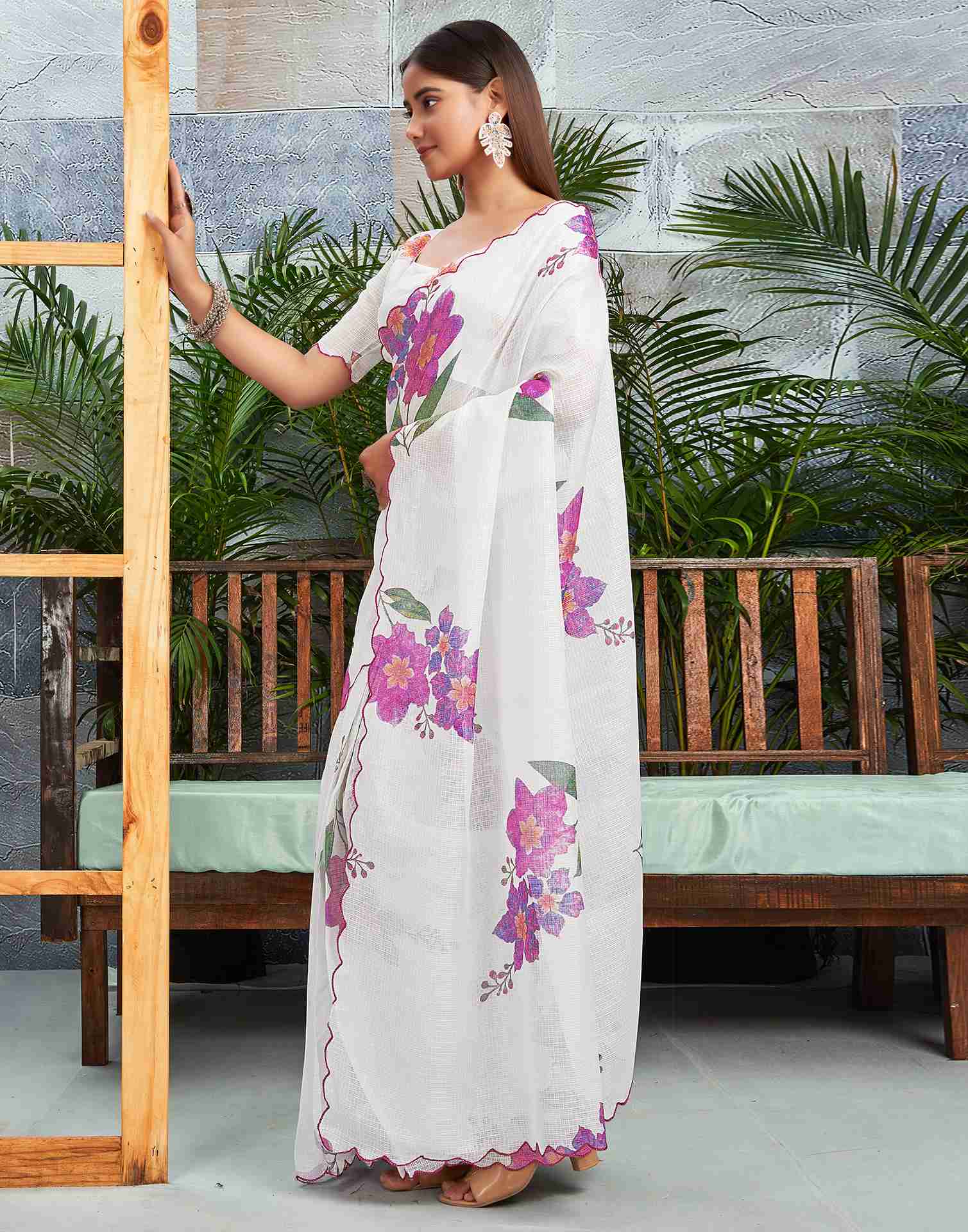 Ready To Wear White Cotton Printed Saree