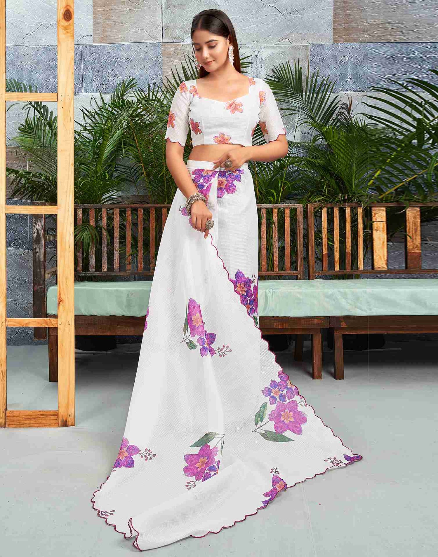 Ready To Wear White Cotton Printed Saree