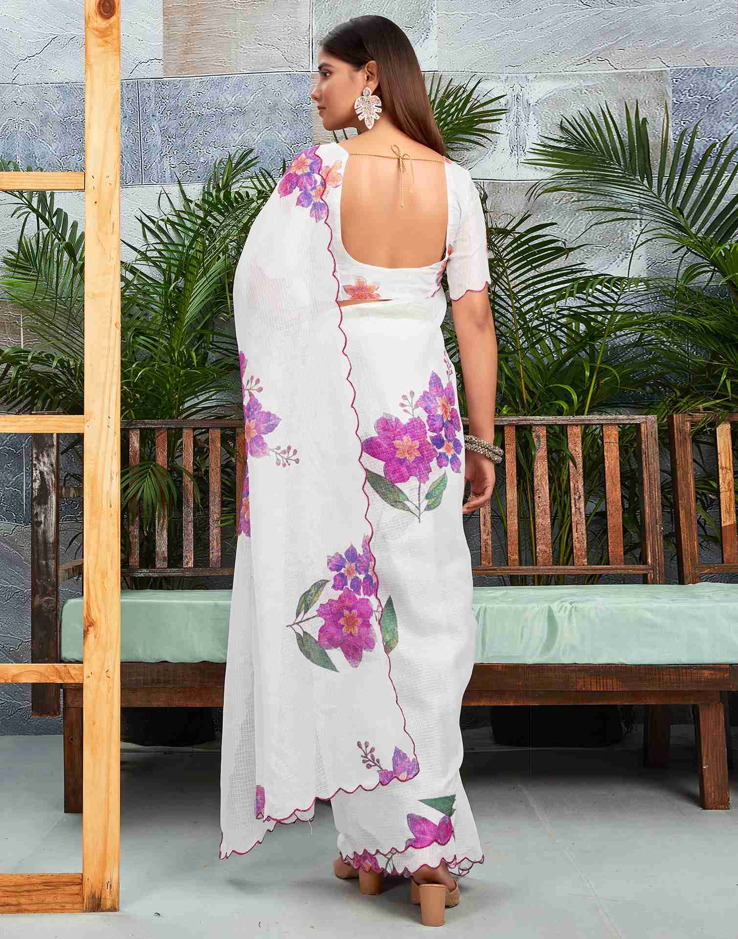 Ready To Wear White Cotton Printed Saree