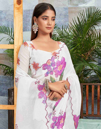 Ready To Wear White Cotton Printed Saree