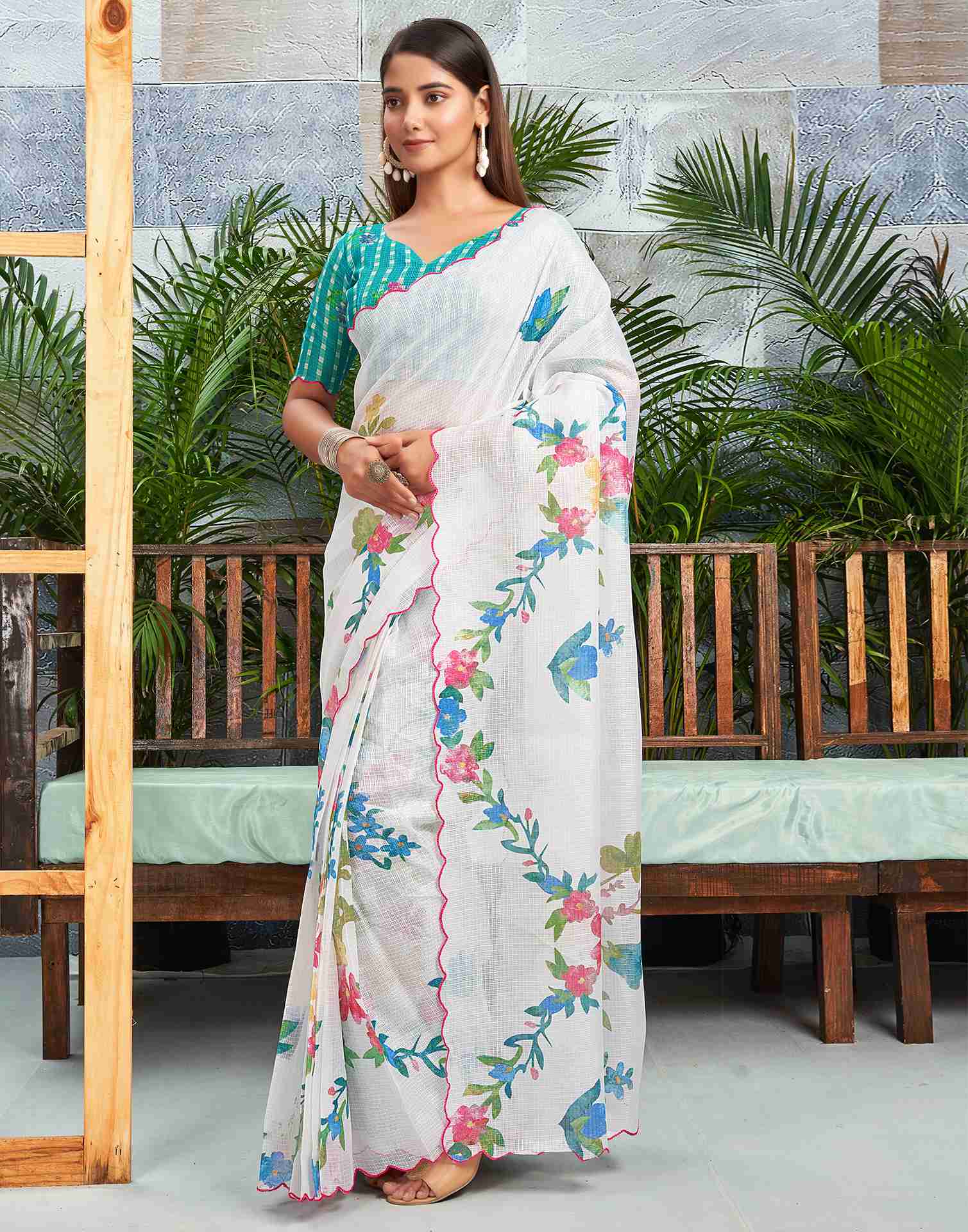 Ready To Wear White Cotton Printed Saree