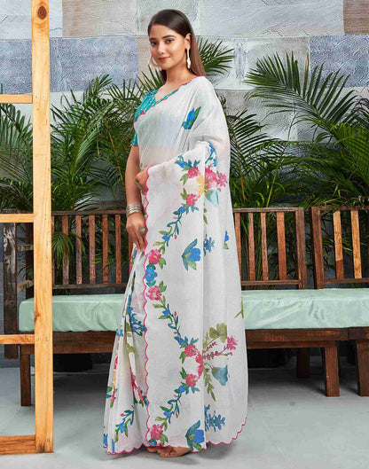 Ready To Wear White Cotton Printed Saree