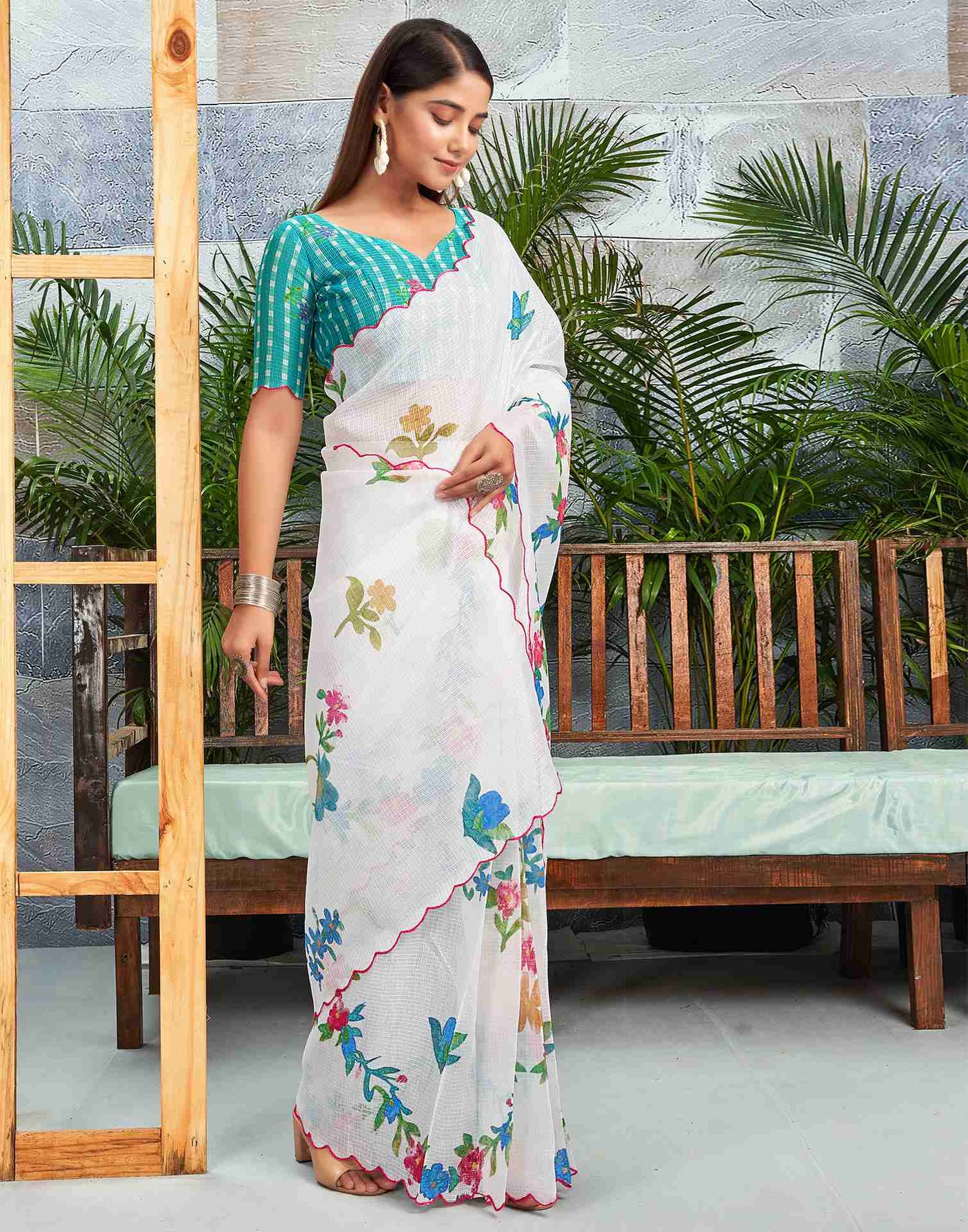 Ready To Wear White Cotton Printed Saree