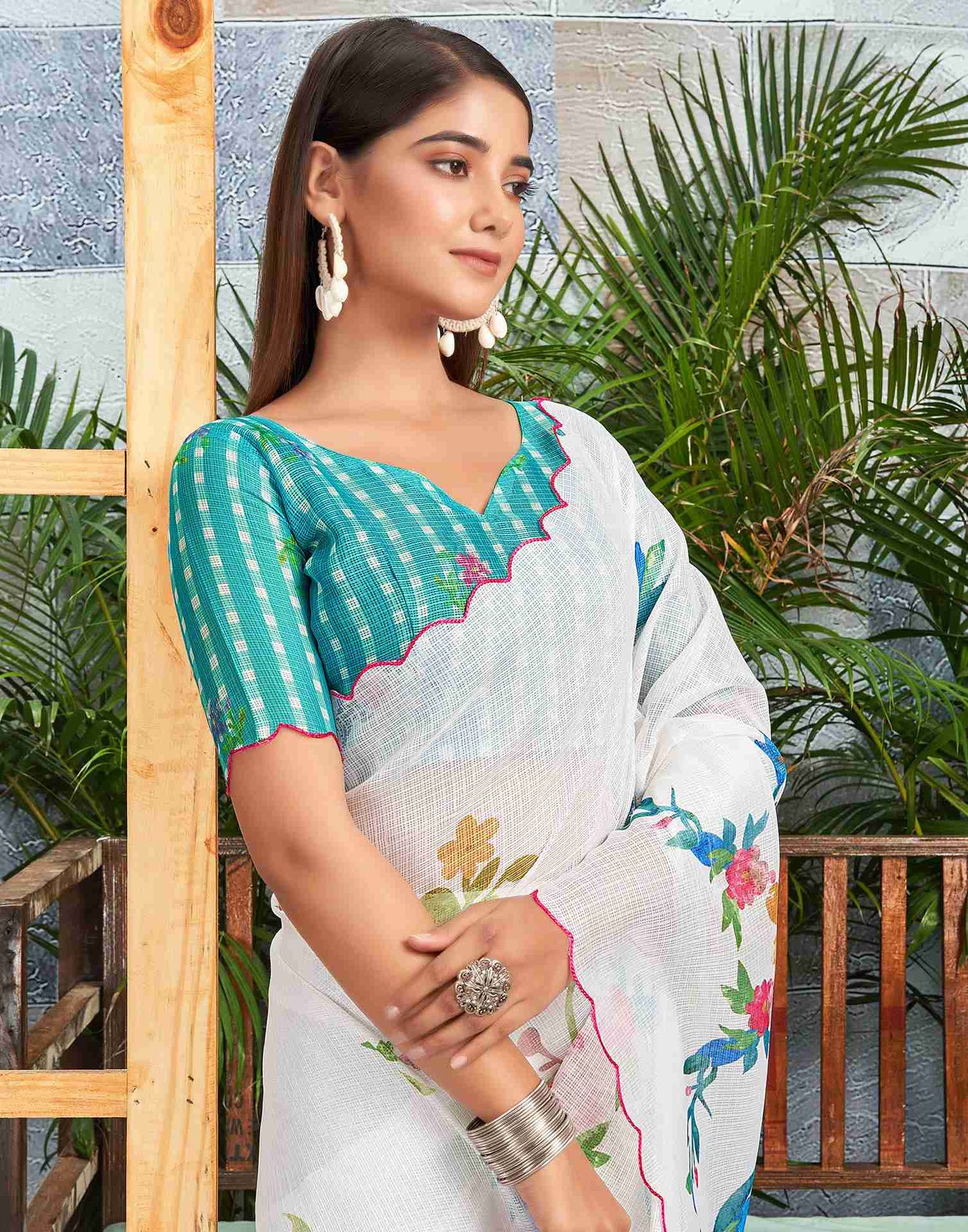 Ready To Wear White Cotton Printed Saree