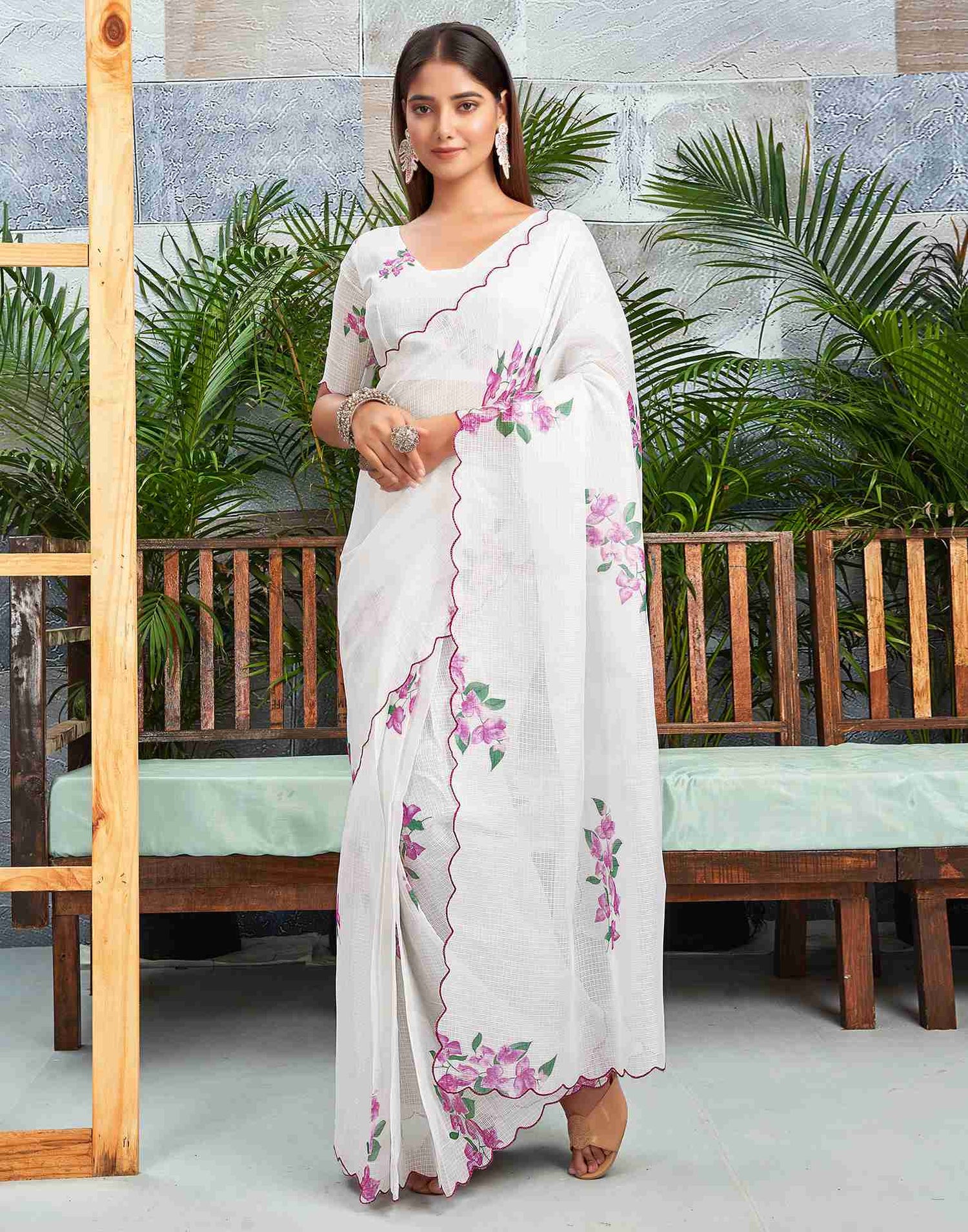 Ready To Wear White Cotton Printed Saree