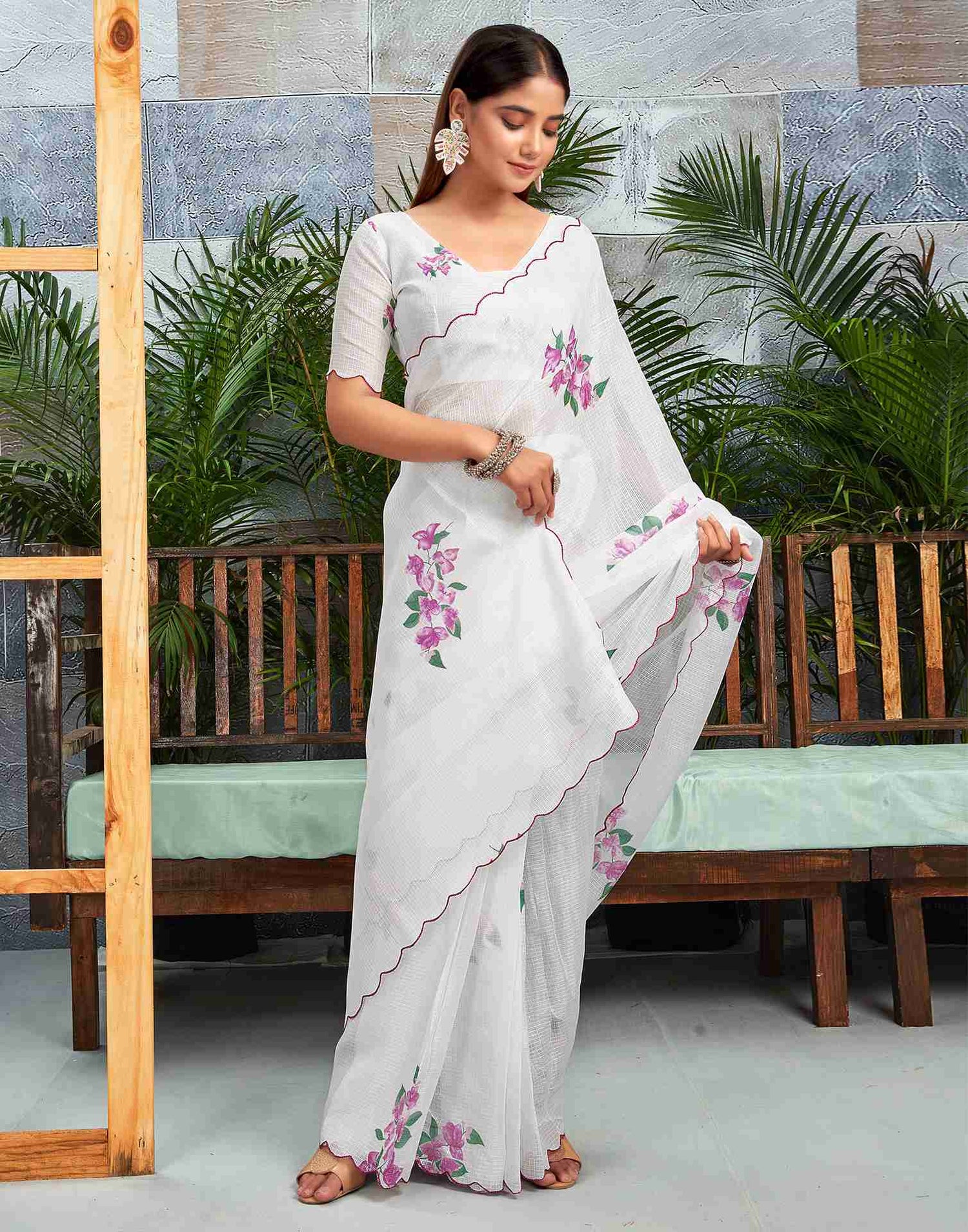 Ready To Wear White Cotton Printed Saree