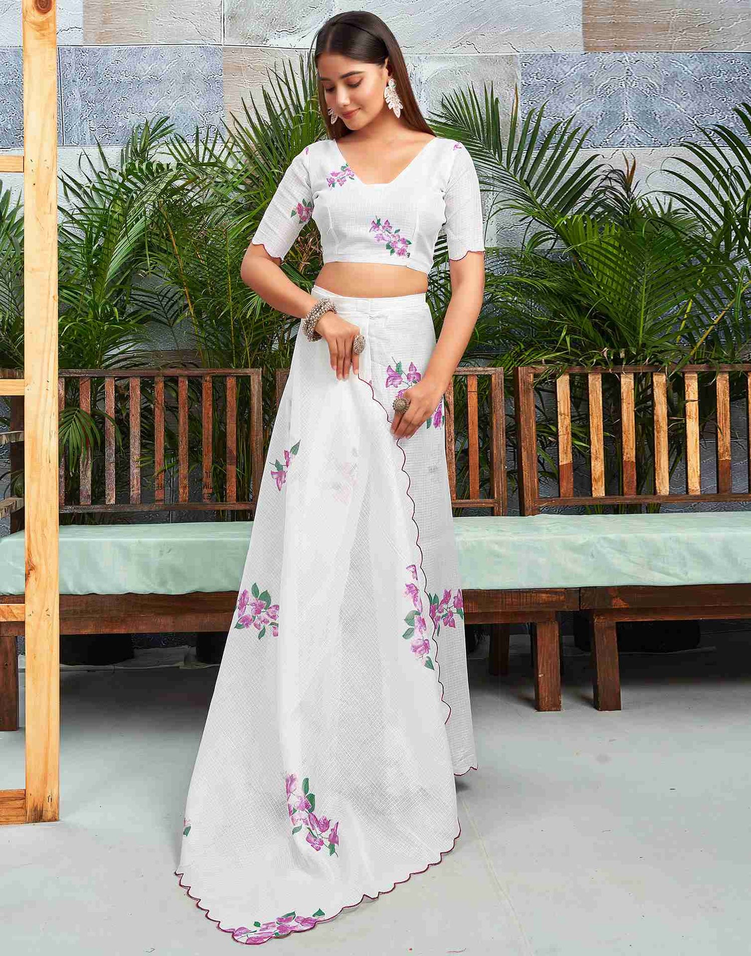 Ready To Wear White Cotton Printed Saree