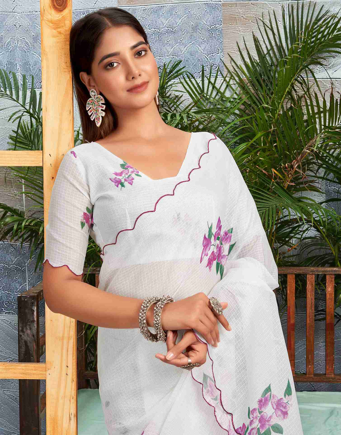 Ready To Wear White Cotton Printed Saree