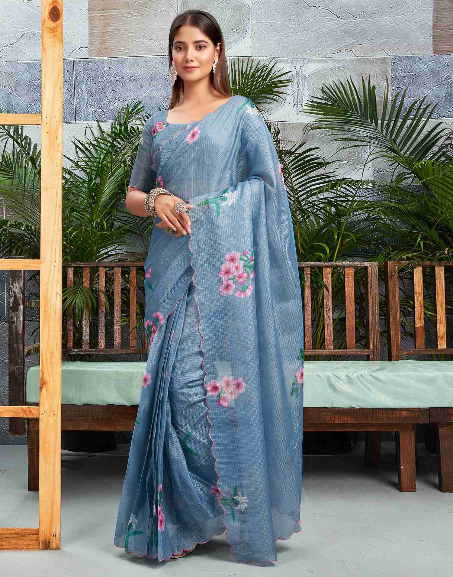 Ready To Wear Dusty Blue Cotton Printed Saree