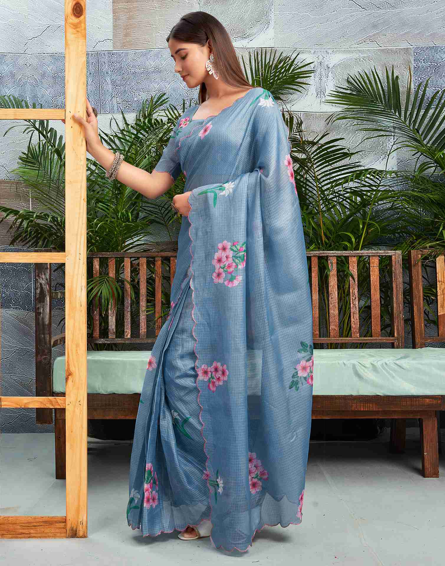 Ready To Wear Dusty Blue Cotton Printed Saree