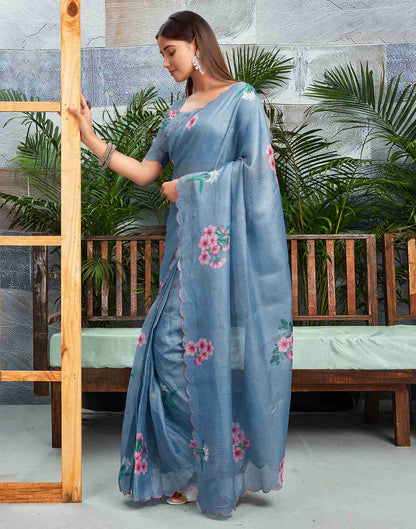 Ready To Wear Dusty Blue Cotton Printed Saree