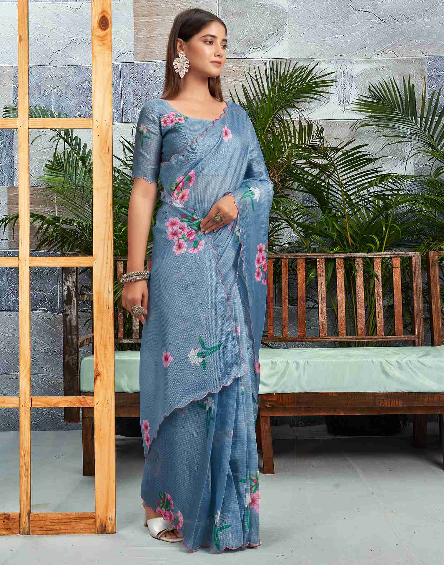 Ready To Wear Dusty Blue Cotton Printed Saree