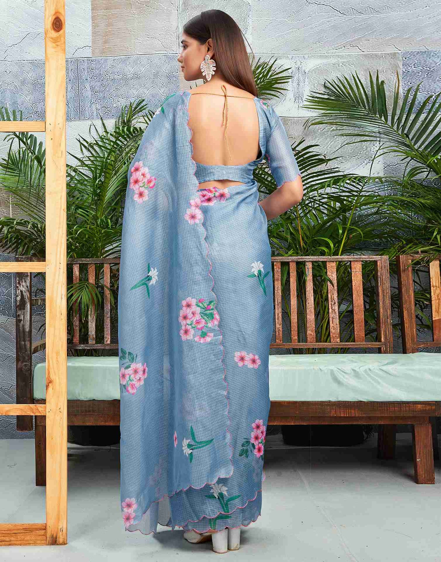 Ready To Wear Dusty Blue Cotton Printed Saree