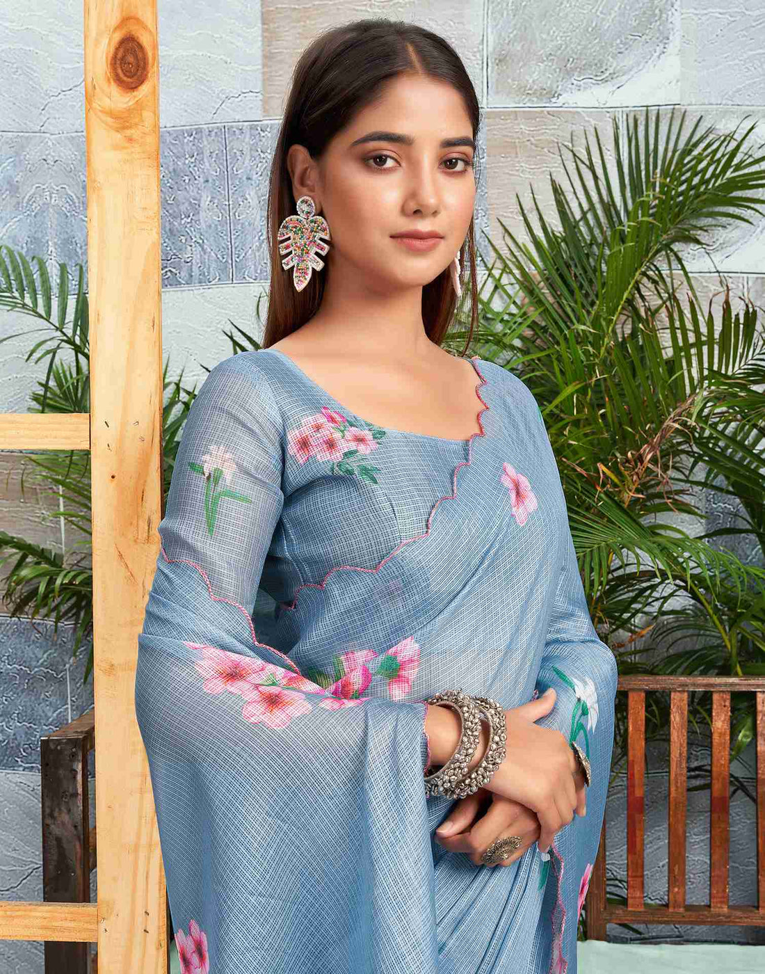 Ready To Wear Dusty Blue Cotton Printed Saree