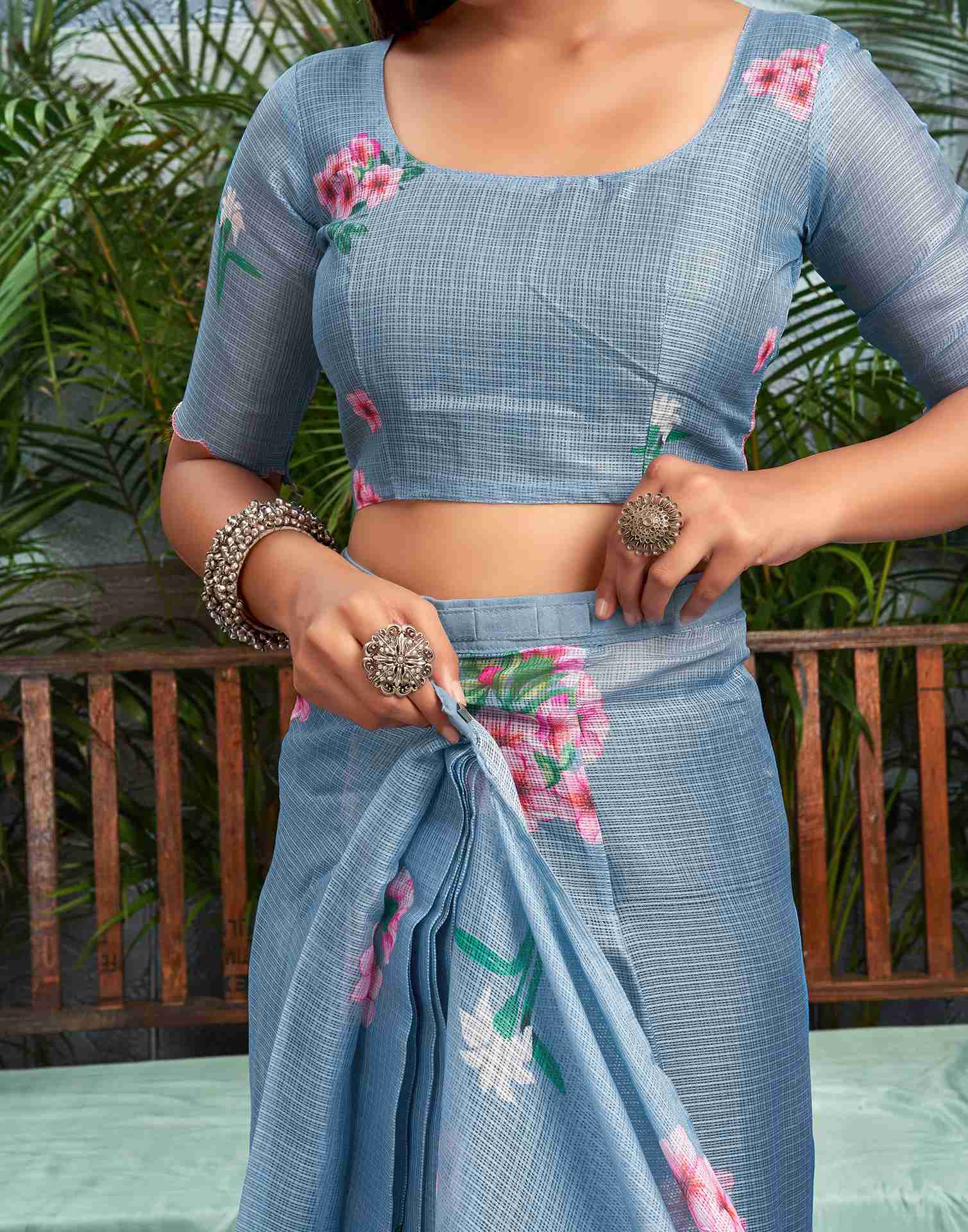 Ready To Wear Dusty Blue Cotton Printed Saree