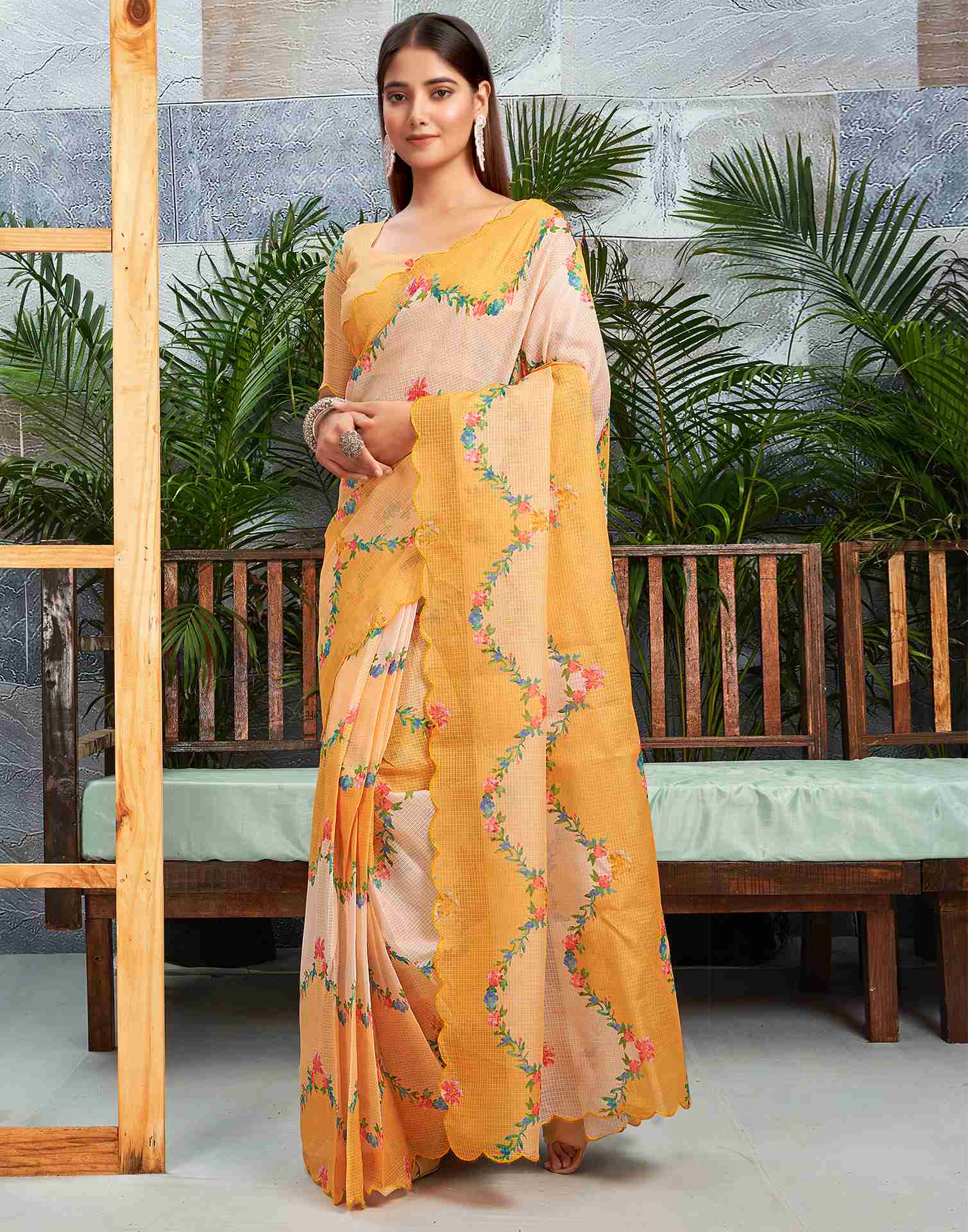 Ready To Wear Turmeric Yellow Cotton Printed Saree