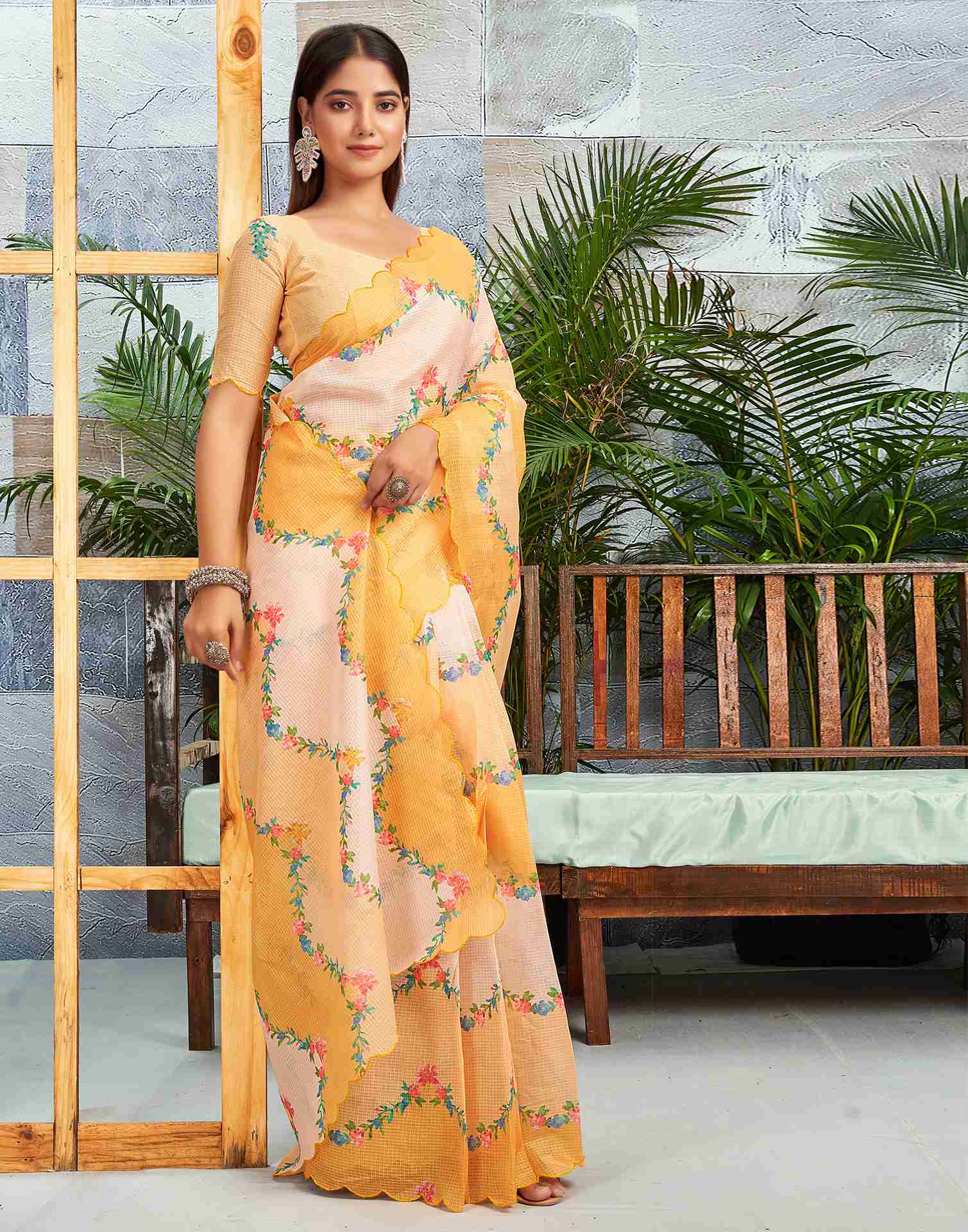 Ready To Wear Turmeric Yellow Cotton Printed Saree