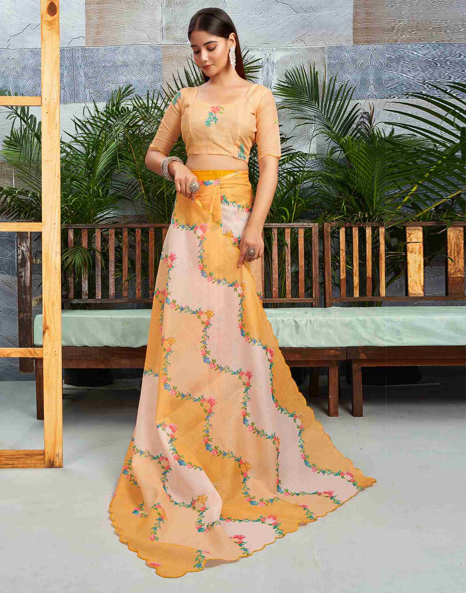 Ready To Wear Turmeric Yellow Cotton Printed Saree