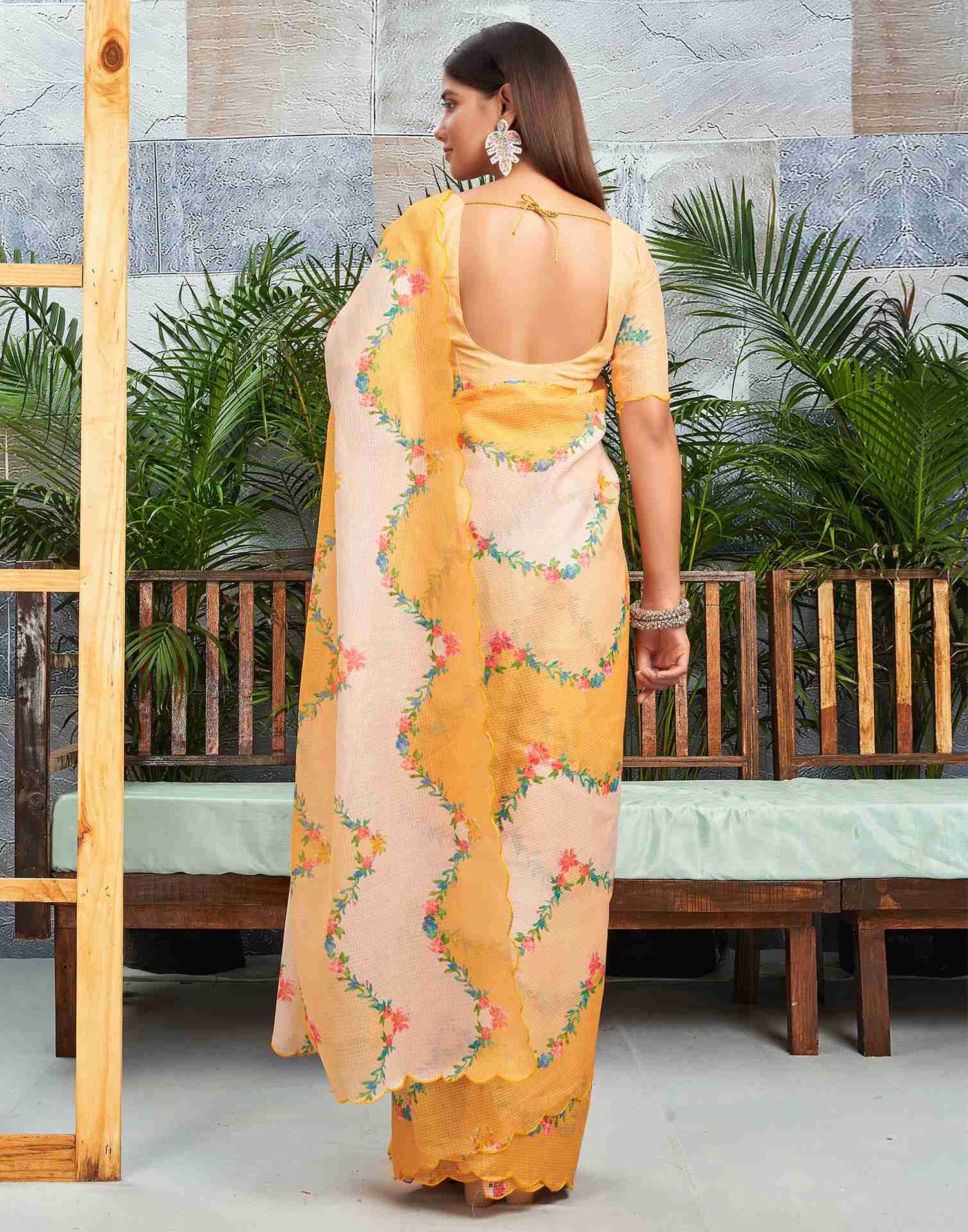 Ready To Wear Turmeric Yellow Cotton Printed Saree