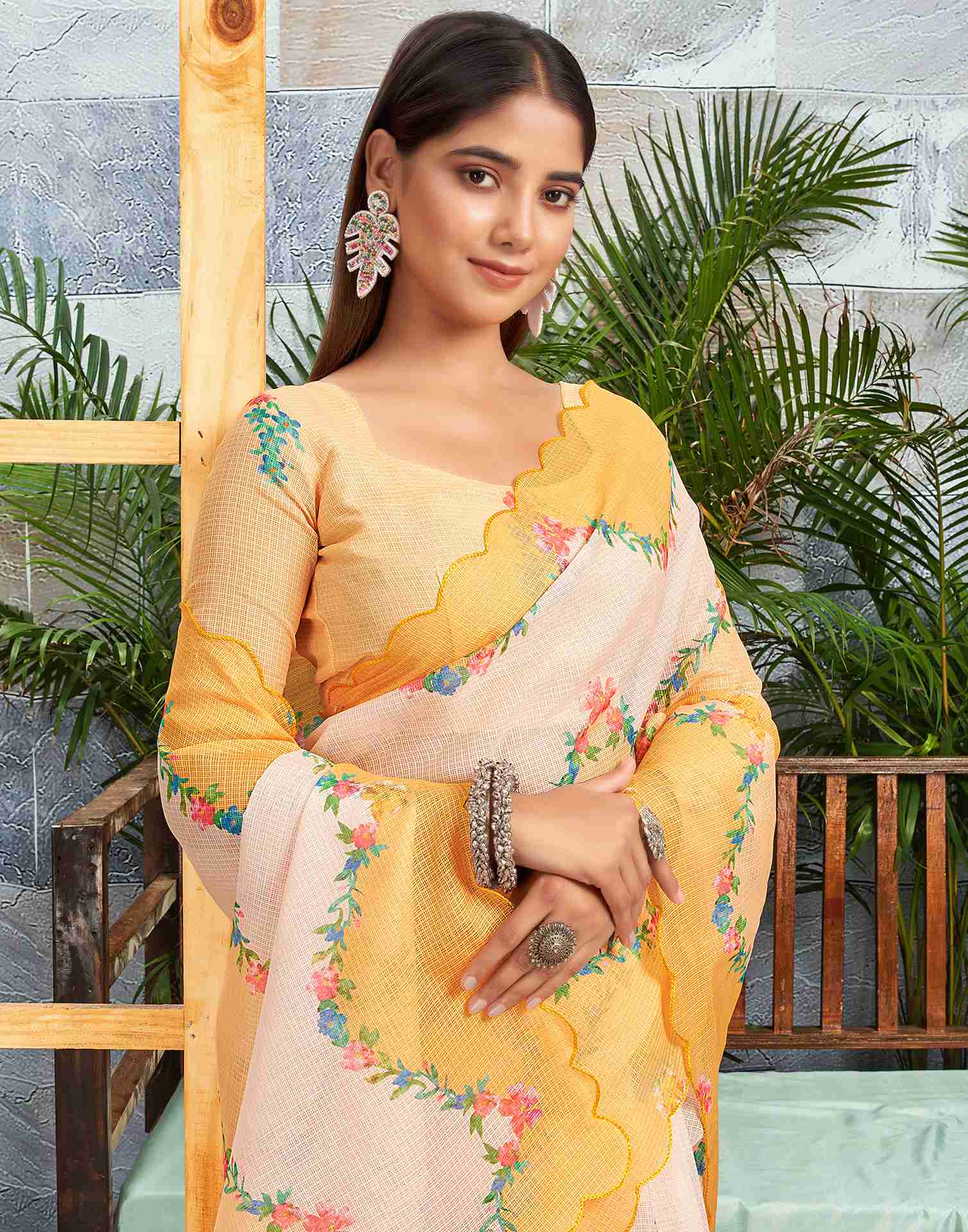 Ready To Wear Turmeric Yellow Cotton Printed Saree