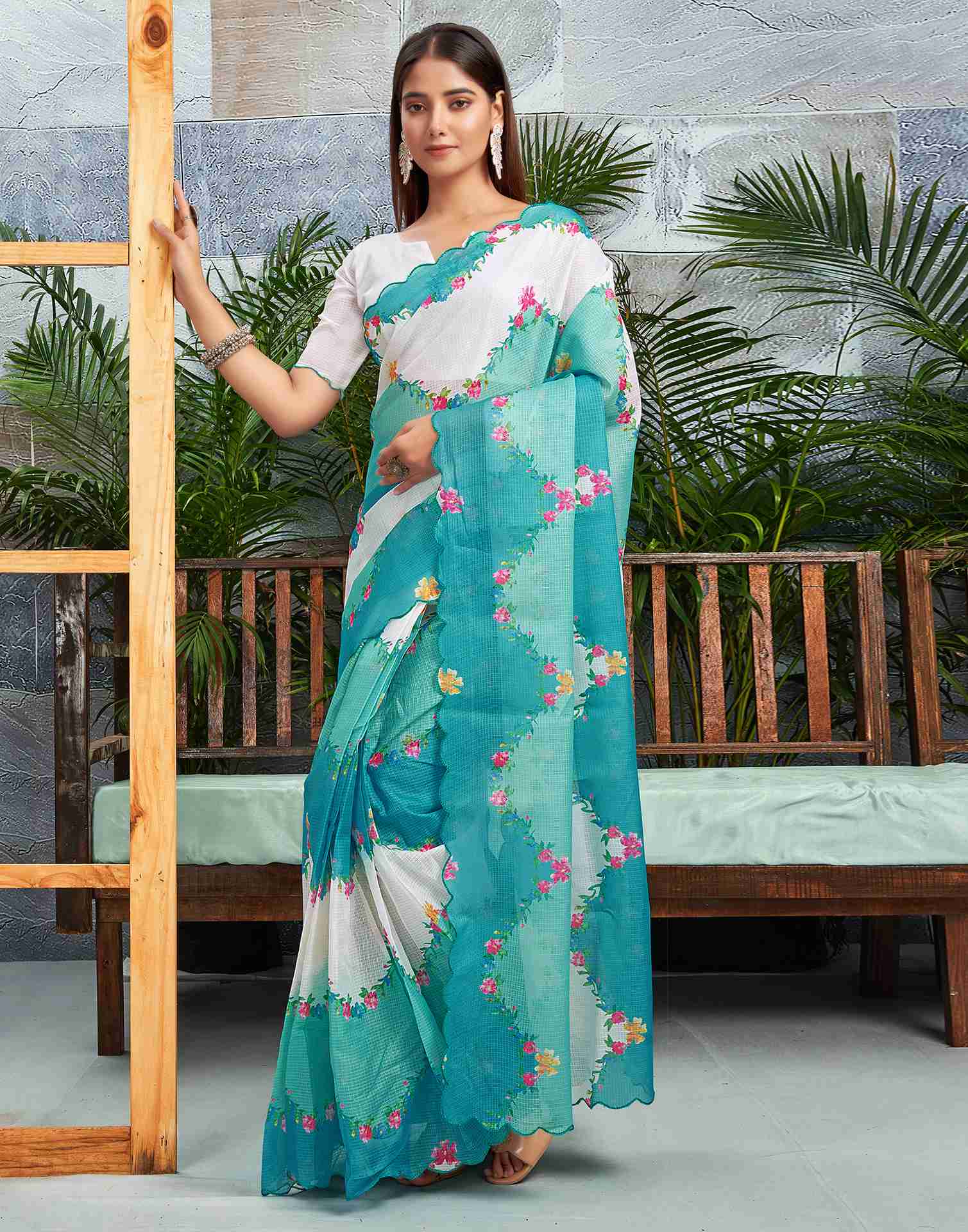 Ready To Wear Turquoise Cotton Printed Saree