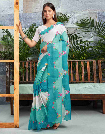 Ready To Wear Turquoise Cotton Printed Saree