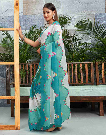 Ready To Wear Turquoise Cotton Printed Saree