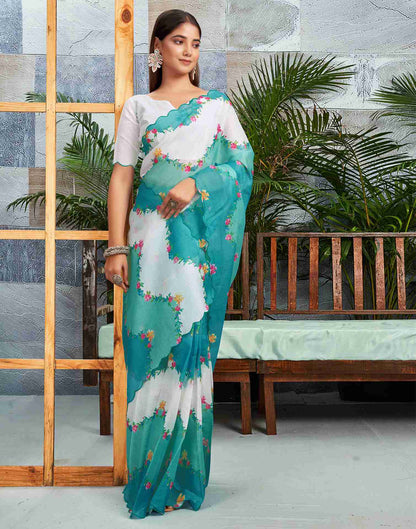 Ready To Wear Turquoise Cotton Printed Saree