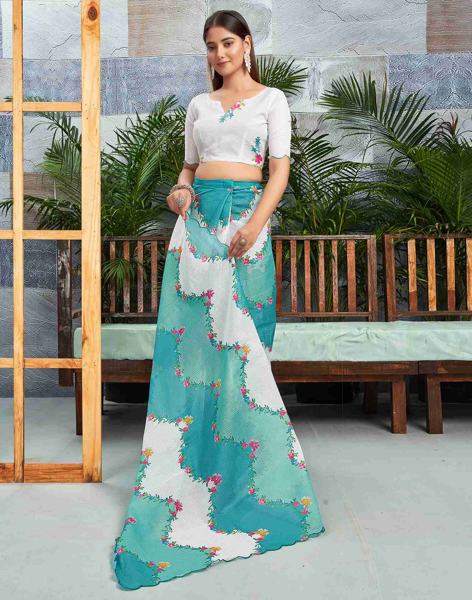 Ready To Wear Turquoise Cotton Printed Saree