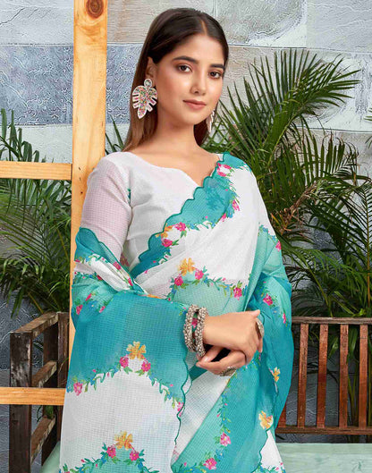 Ready To Wear Turquoise Cotton Printed Saree