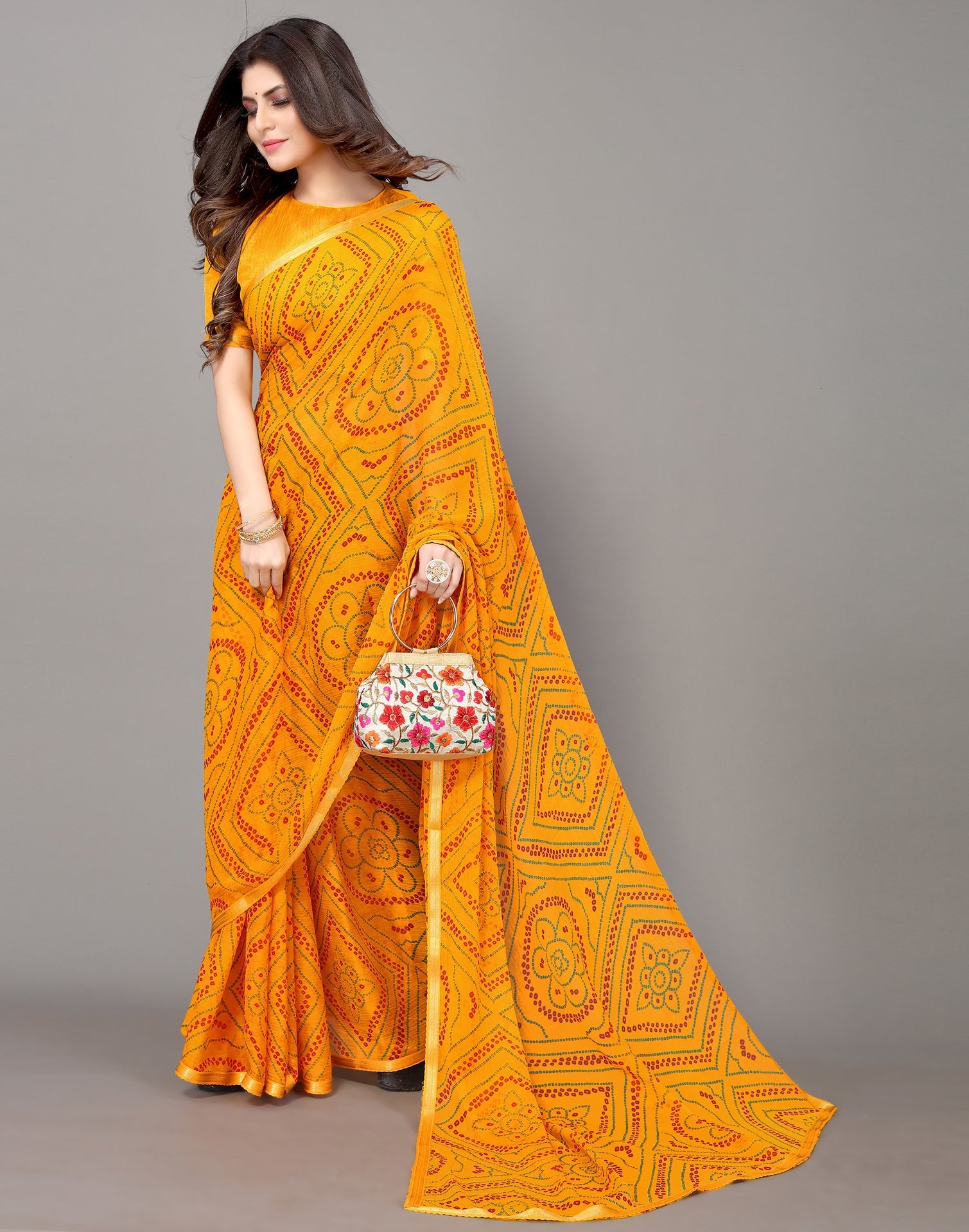 Yellow Bandhani Printed Saree | Sudathi