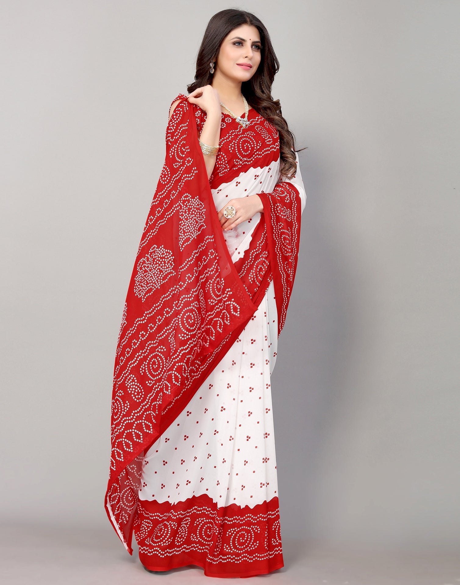 Red And White Bandhani Printed Saree | Sudathi