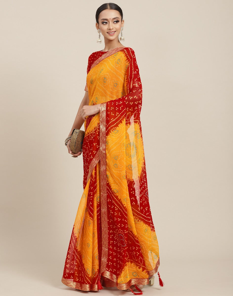 Yellow And Red Bandhani Saree | Sudathi