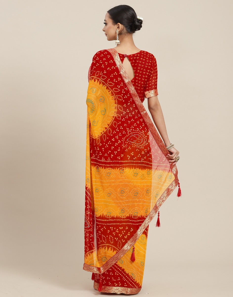 Yellow And Red Bandhani Saree | Sudathi