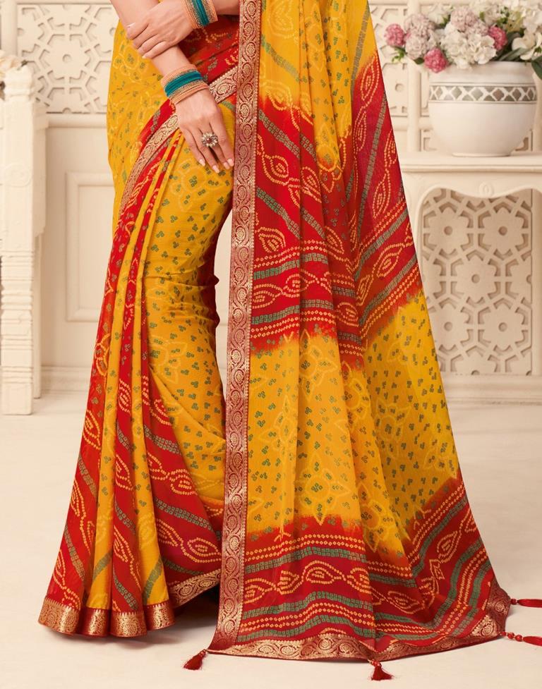Yellow And Red Bandhani Saree | Sudathi