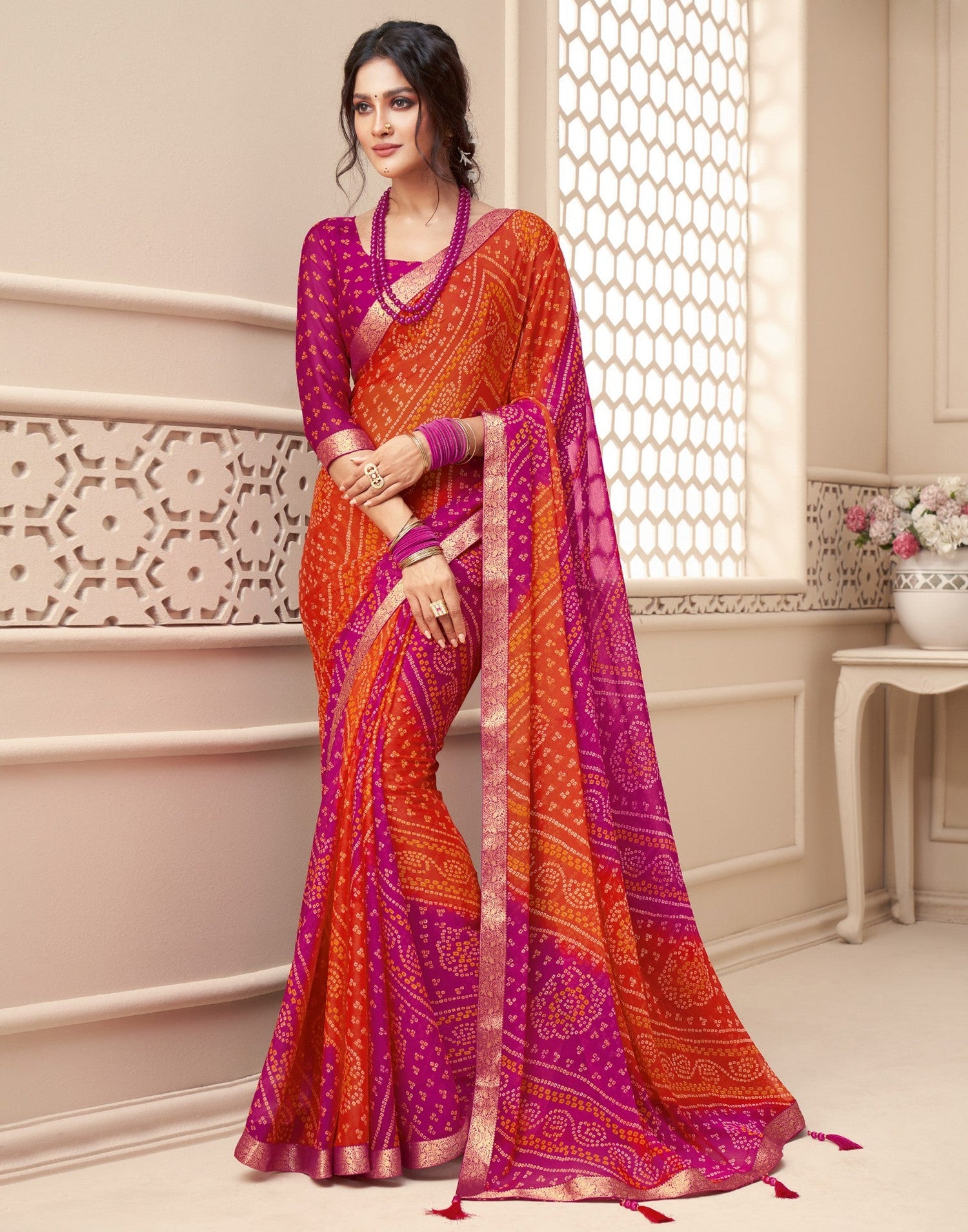 Pink And Orange Bandhani Saree | Sudathi