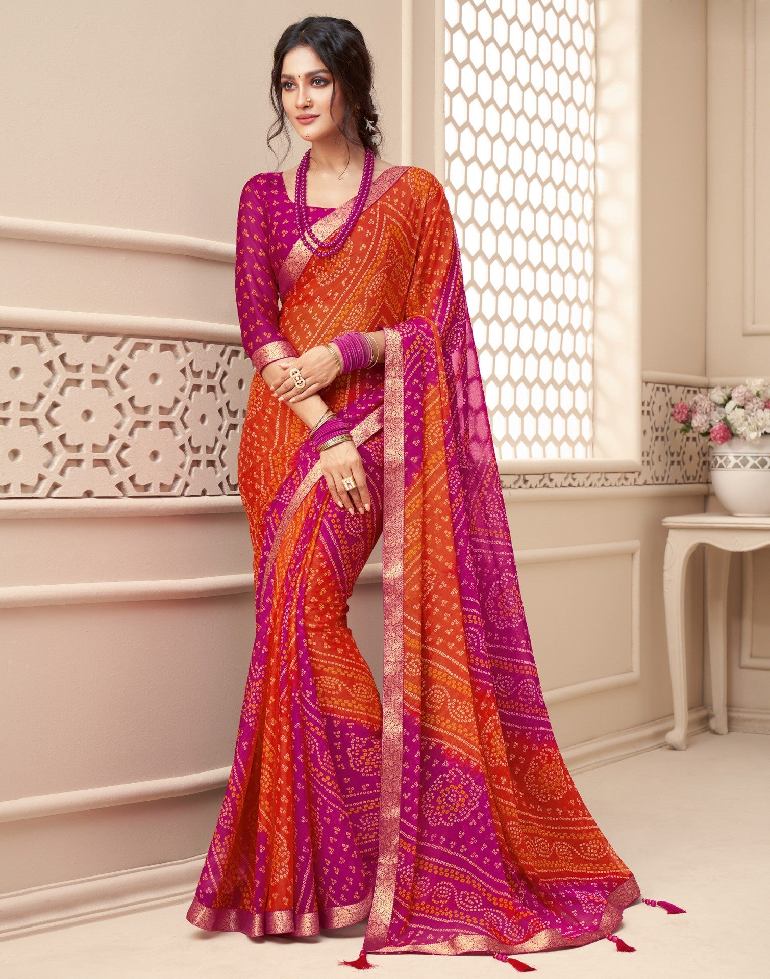 Pink And Orange Bandhani Saree | Sudathi