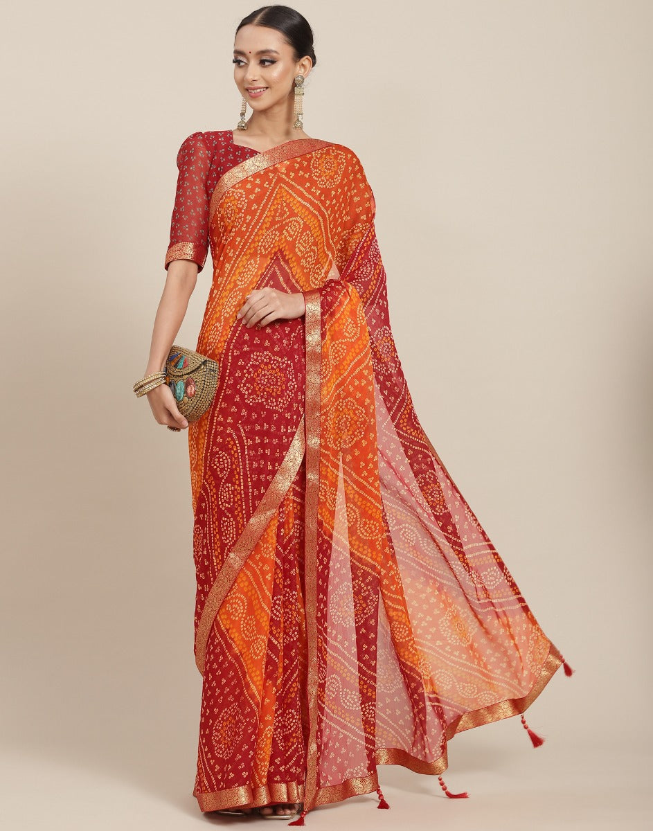 Orange And Red Bandhani Saree | Sudathi