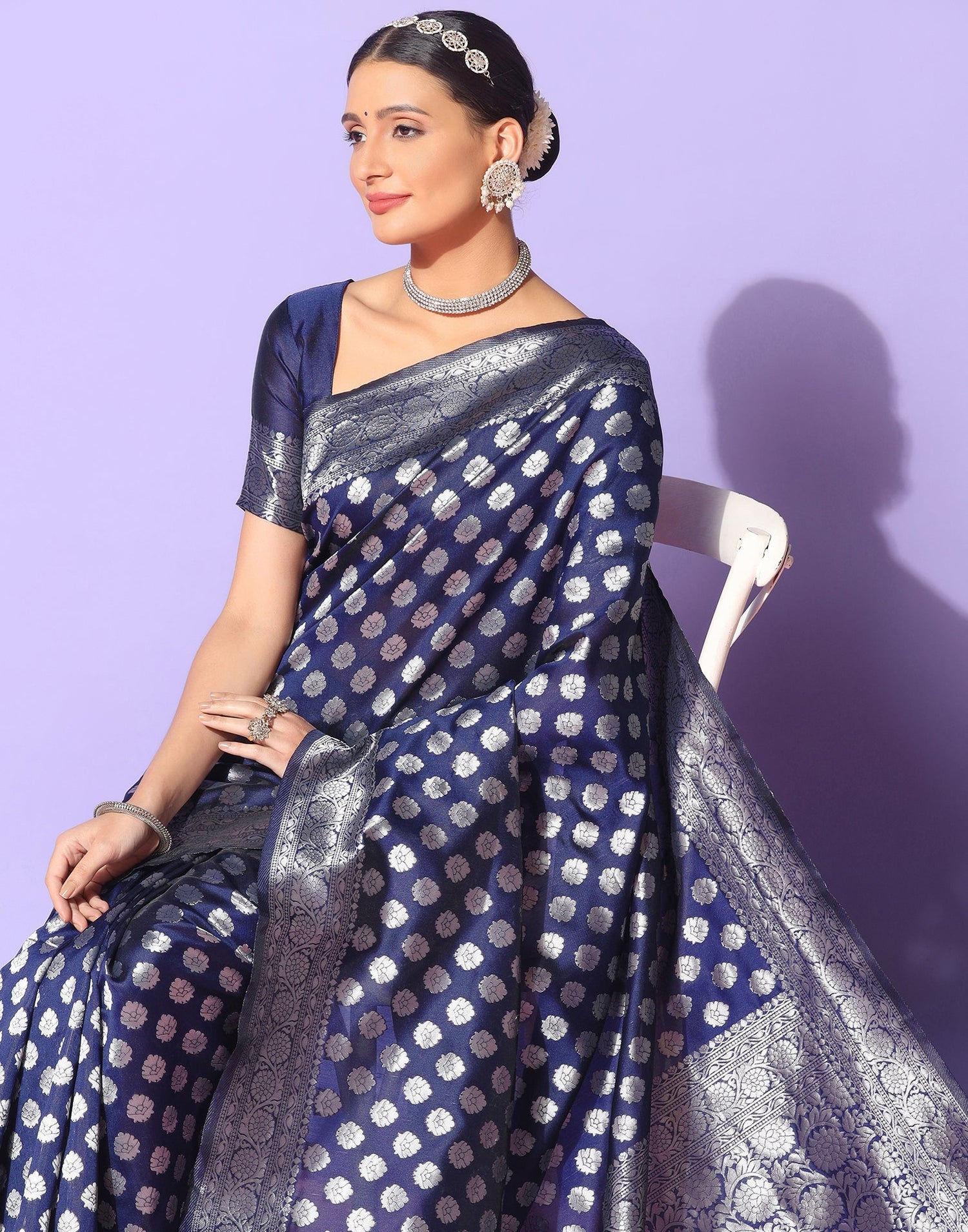 Navy Blue Banarasi Silk Saree | Sudathi