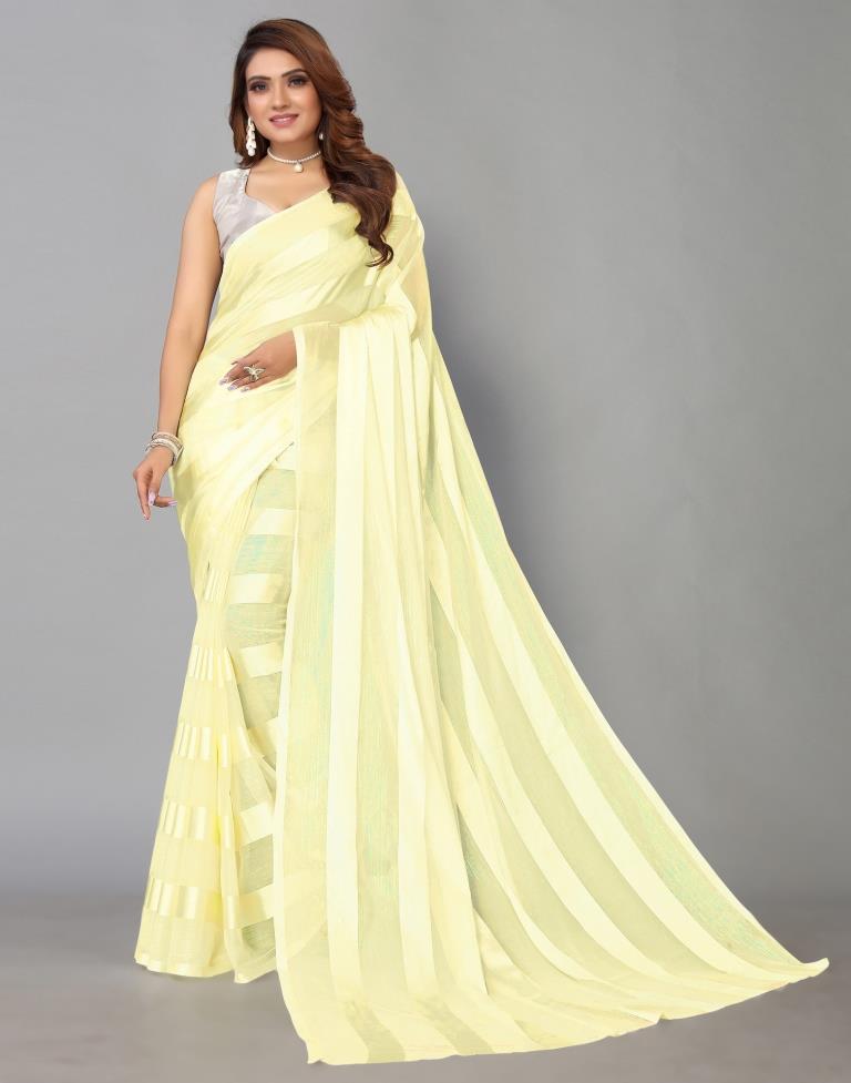 Light Yellow Striped Woven Saree | Sudathi