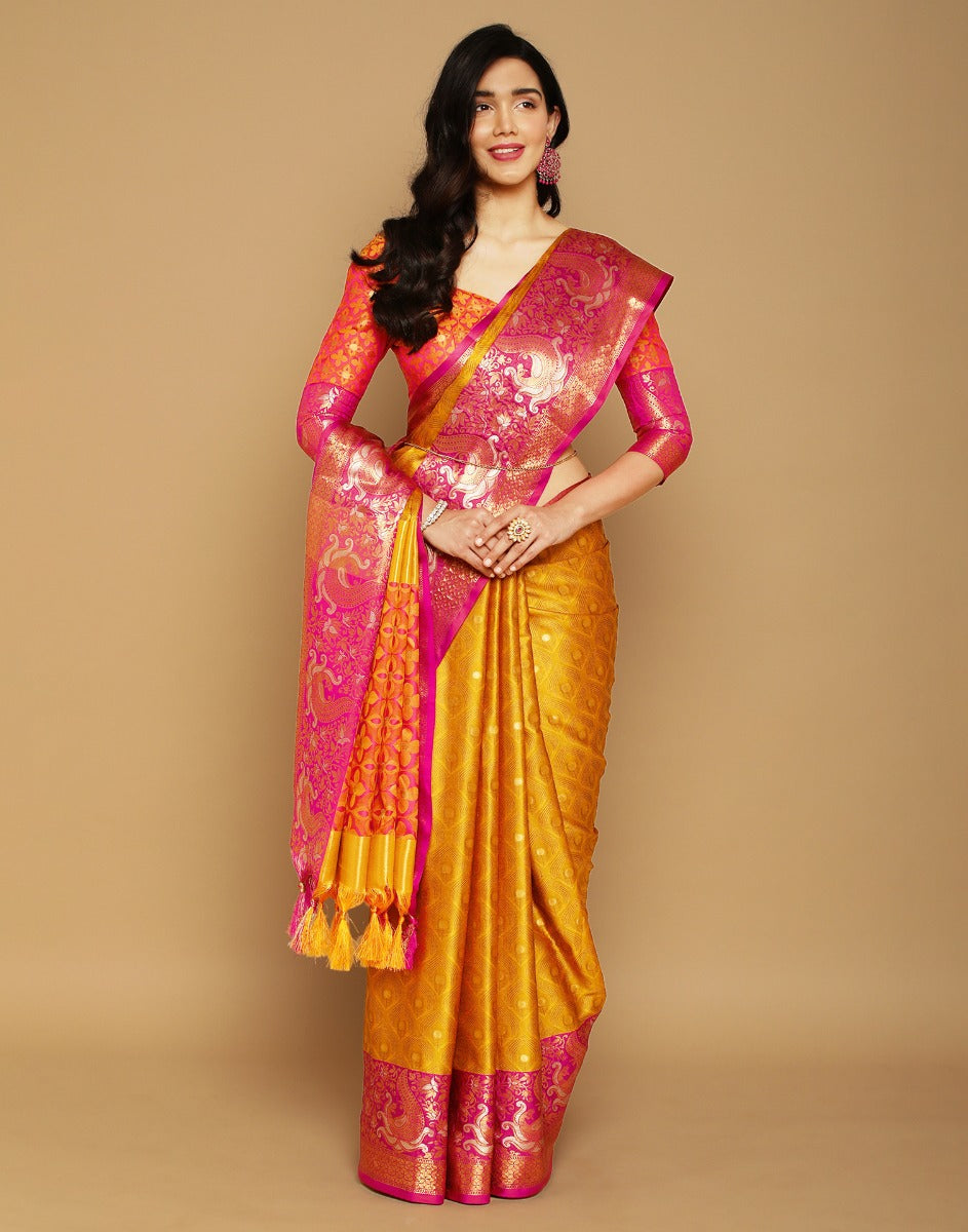 Mustard Yellow Banarasi Silk Saree | Sudathi